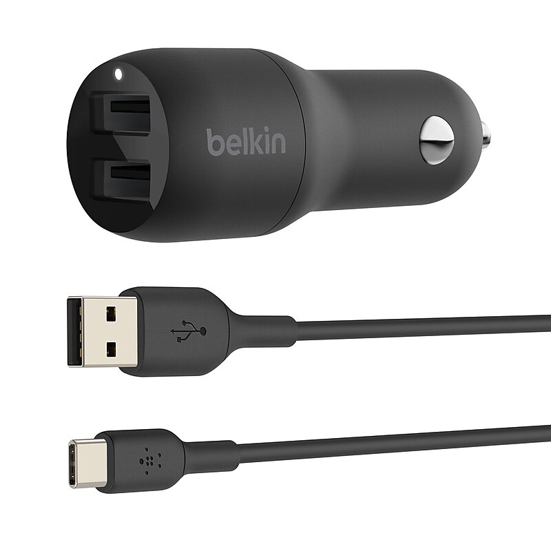 Belkin BOOST CHARGE Dual USB-A Car Charger, 24W + USB-A to USB-C Cable, Black image 1