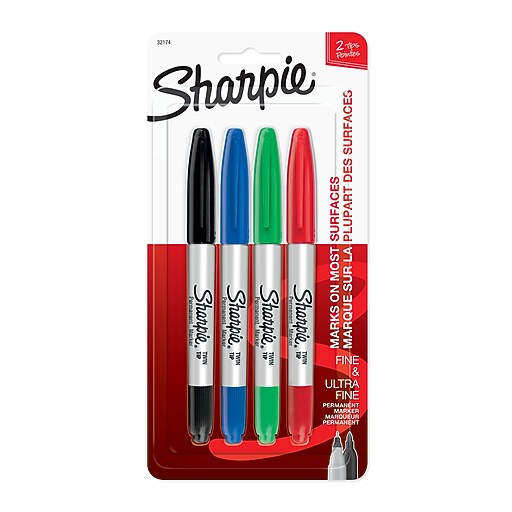 Sharpie Permanent Markers, Twin Tip, Assorted, 4/Pack (32174