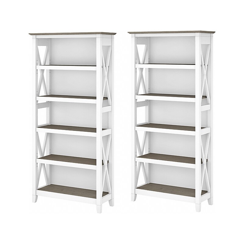 Bush Furniture Key West 66"H 5-Shelf Bookcase with Adjustable Shelves, Shiplap Gray/Pure White Laminated Wood, 2/Set (KWS046G2W) image 1