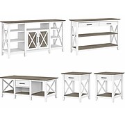 Bush Furniture Key West Tall TV Stand with Coffee Table, Console Table and Set of 2 End Tables, Shiplap Gray/Pure White