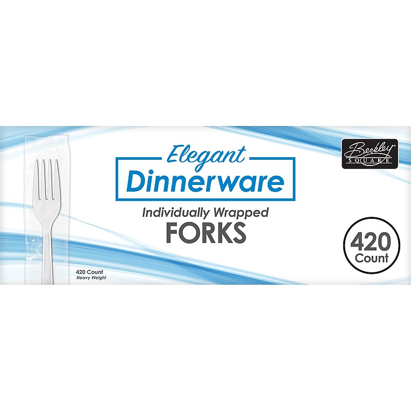Berkley Square Elegant Dinnerware Individually Wrapped Plastic Fork, Heavy-Weight, White, 420/Box (1072510) image 1