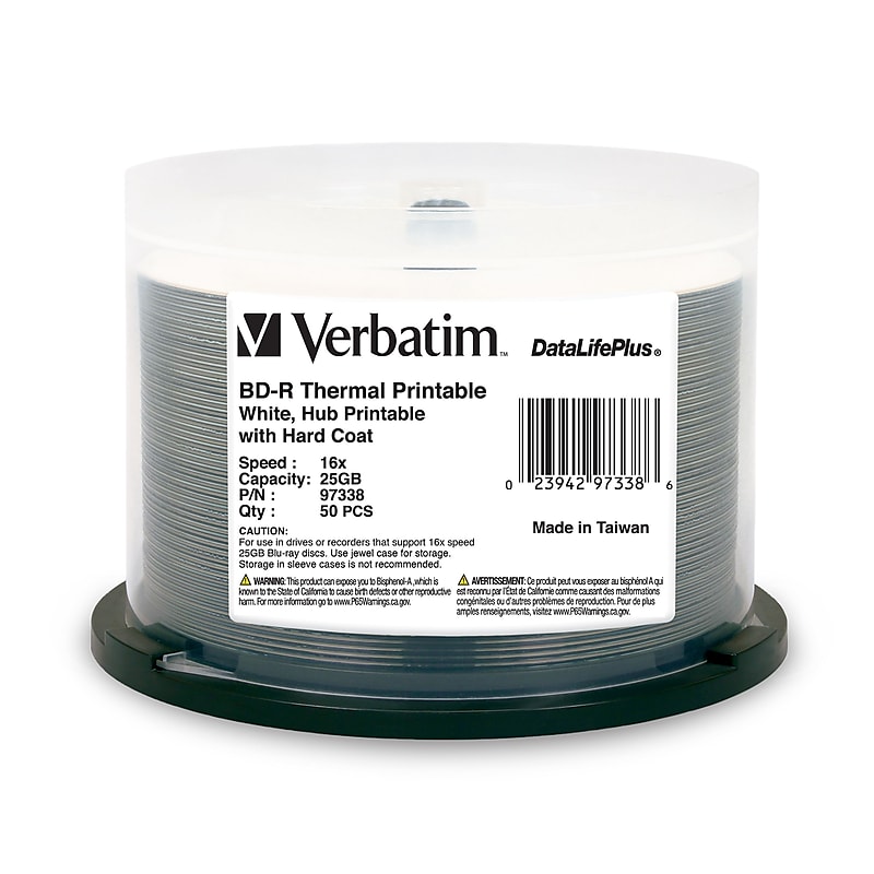 Verbatim DataLifePlus 97338 16x Blu-Ray, White Thermal Printable, 50/Pack image 1