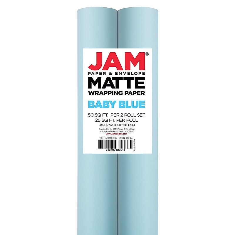 JAM Paper Wrapping Paper, 25 Sq. ft. x 30", Matte Light Baby Blue/Pool Blue, 2/Pack (170128192A) image 1