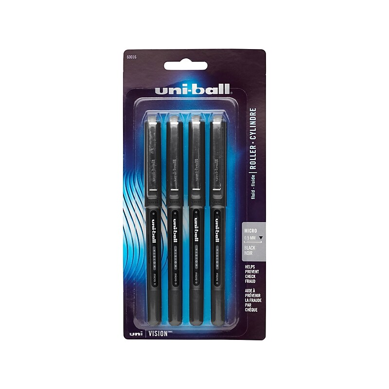uni-ball Vision Roller Ball Pen, Micro Point, 0.5 mm, Black Ink / Gray Barrel, 4/Pk image 1