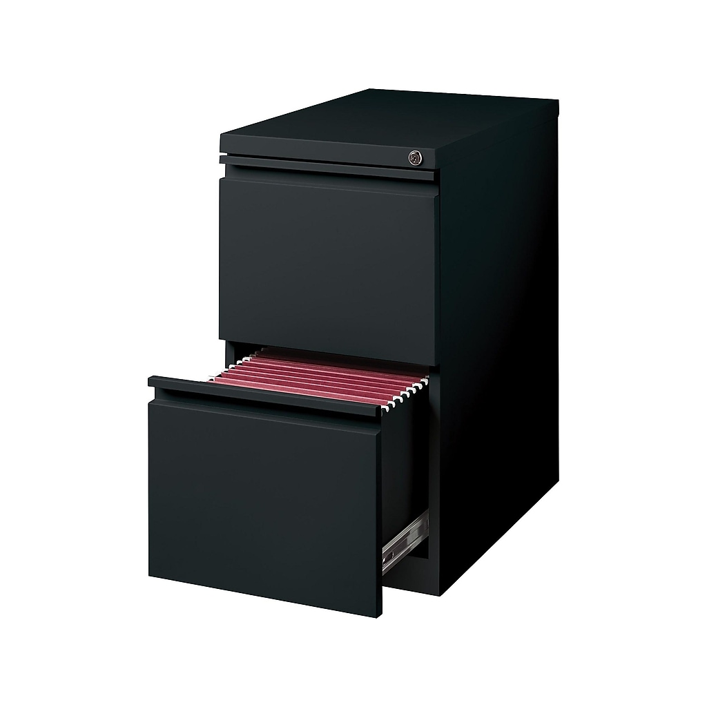Black Staples 2-drawer vertical file cabinet with one drawer open showing red hanging file rails
