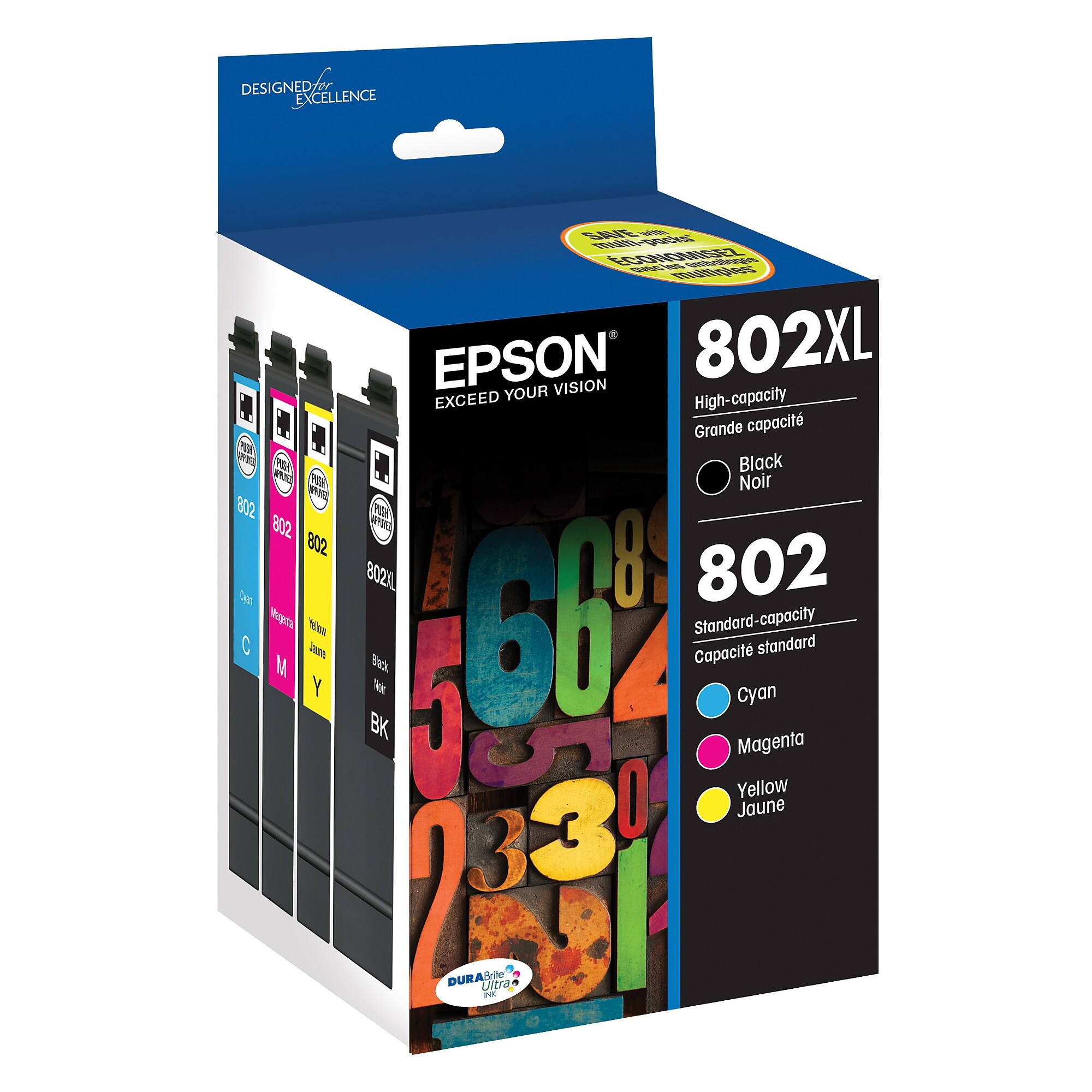 Epson T802XL/T802 Black High Yield and Cyan/Magenta/Yellow Standard Yield Ink Cartridge, 4/Pack  (T802XL- BCS) Sansujyuku sansujyuku.com