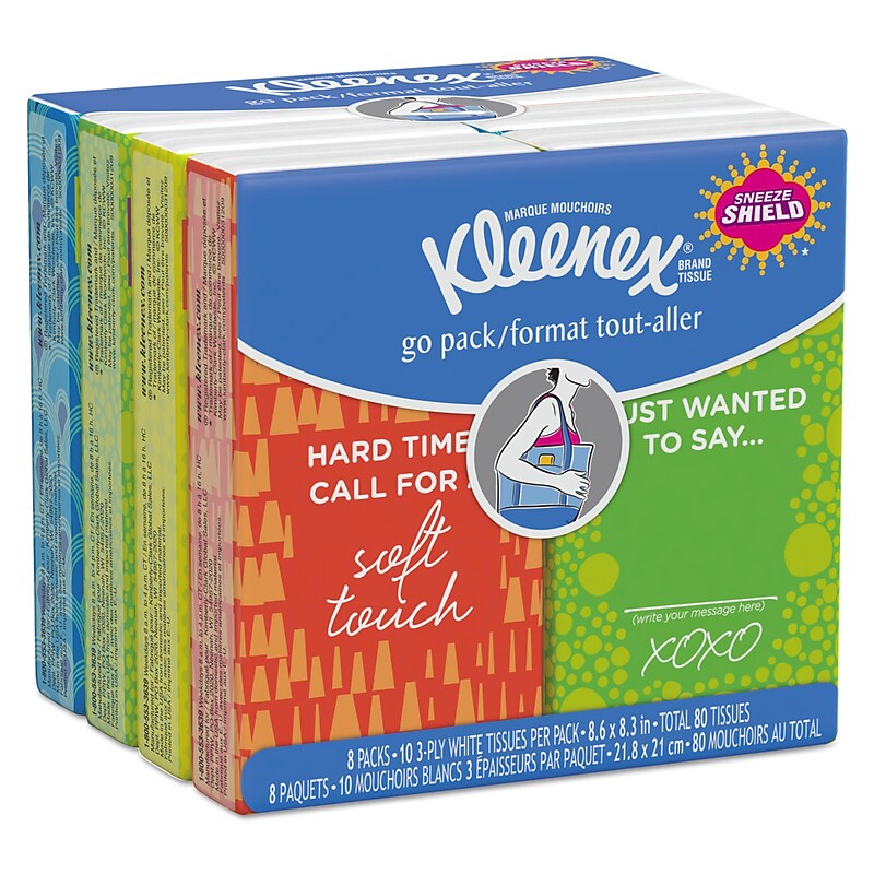 Kleenex On The Go Packs Facial Tissues, 3-Ply, White, 10 Sheets/Pouch, 8 Pouches/Pack, 12 Packs/Carton (KCC46651CT) image 1