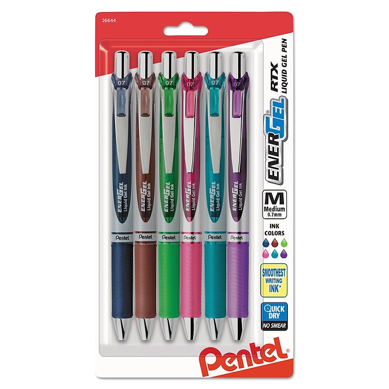 Pentel EnerGel RTX Retractable Gel Pen, Medium Point, 0.7 mm, Assorted Ink, 6/Pack (PENBL77BP6M1) image 1