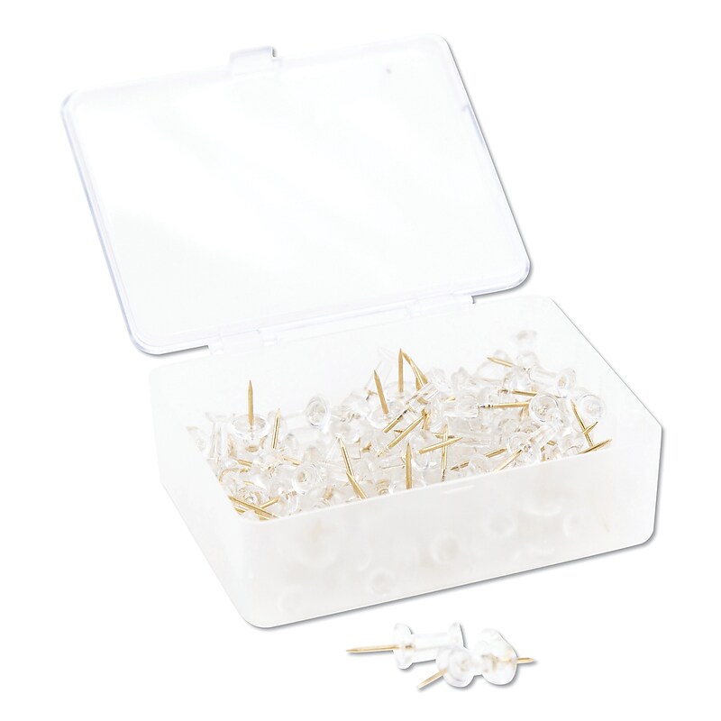U Brands Standard Push Pins, Plastic, Clear, Gold Pin, 7/16", 100/Pack (UBR3087U0624) image 1