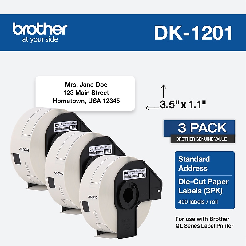 Brother Genuine DK1201 1.1” x 3.5” Die-Cut Standard White Address Labels, 3 Pack image 1