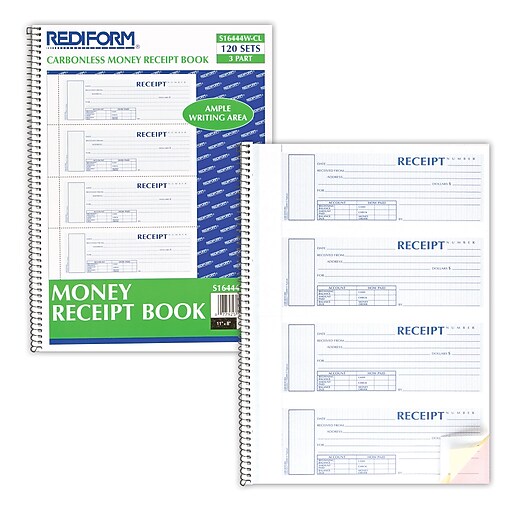 Rediform Money Receipt Book, 2 3/4" x 7", Carbonless, 120 Sets/Book