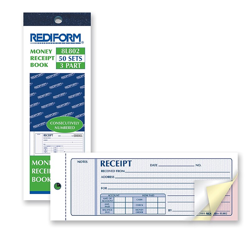 Rediform Money Receipts Collection Forms, Carbonless, 3 Parts, 2 3/4" x 7" (8L802) image 1