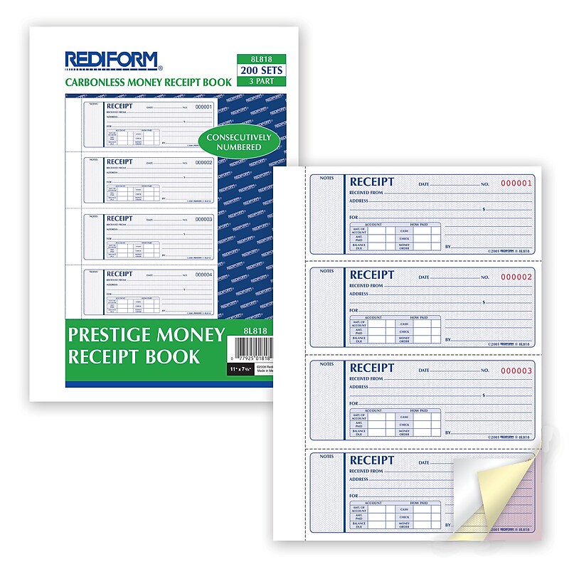 Money Receipt Forms, Carbonless, 3 Part, Hard Cover, 2-3/4" x 7", 200 Sets/Book (RED8L818) image 1