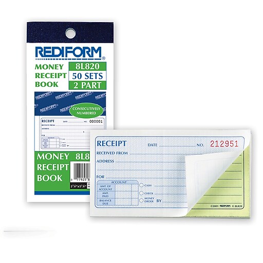 Rediform Money Receipt Book, 2 3/4" x 5", 50 Sheets/Book (RED8L820