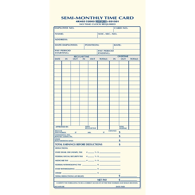 Rediform® Time Card Book (4K402); Semi-Monthly, 4-1/4 x 8", 1 Part, 100 Sets image 1