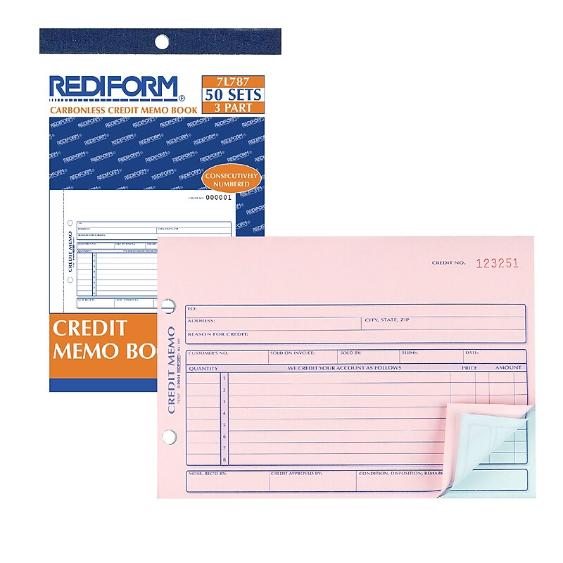 Rediform 3-Part Carbonless Credit Memos, 5.5"L x 7.88"W, 50 Sets/Book (RED7L787) image 1