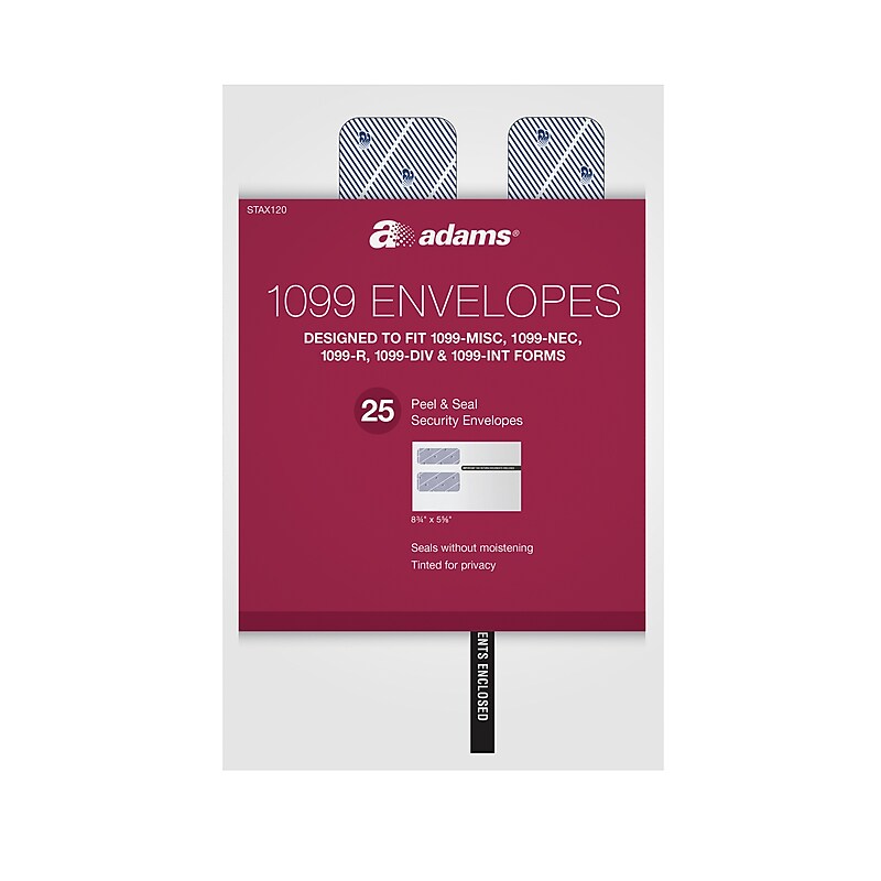 Adams 2020 1099 Peel & Seal Double Window Security Tax Form Envelopes, White, 25/Pack (STAX120) image 1
