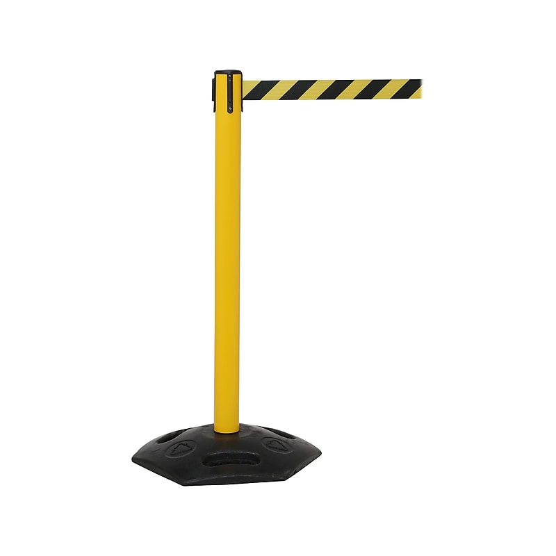Queue Solutions WeatherMaster 250 2" Yellow Nylon Crowd Control Belt Barrier, Yellow - CAUTION WET FLOOR (WMR250Y-YBCWF110) image 1