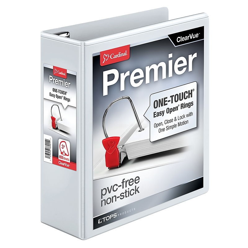Cardinal Easy Open ClearVue Locking Heavy Duty 3" 3-Ring View Binders, D-Ring, White (10330) image 1