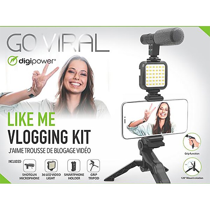 Kit Vlogger DigiPower Like ME - Microfono, Luce LED 36 Luci, Treppiede A Pistola, Per Smartphone E Fotocamere