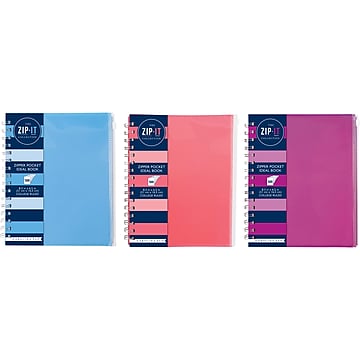 Carolina Pad Zip-It Notebook, 7" x 8.75", College-Ruled, 120 Sheets, Blue/Coral/Berry (55025)