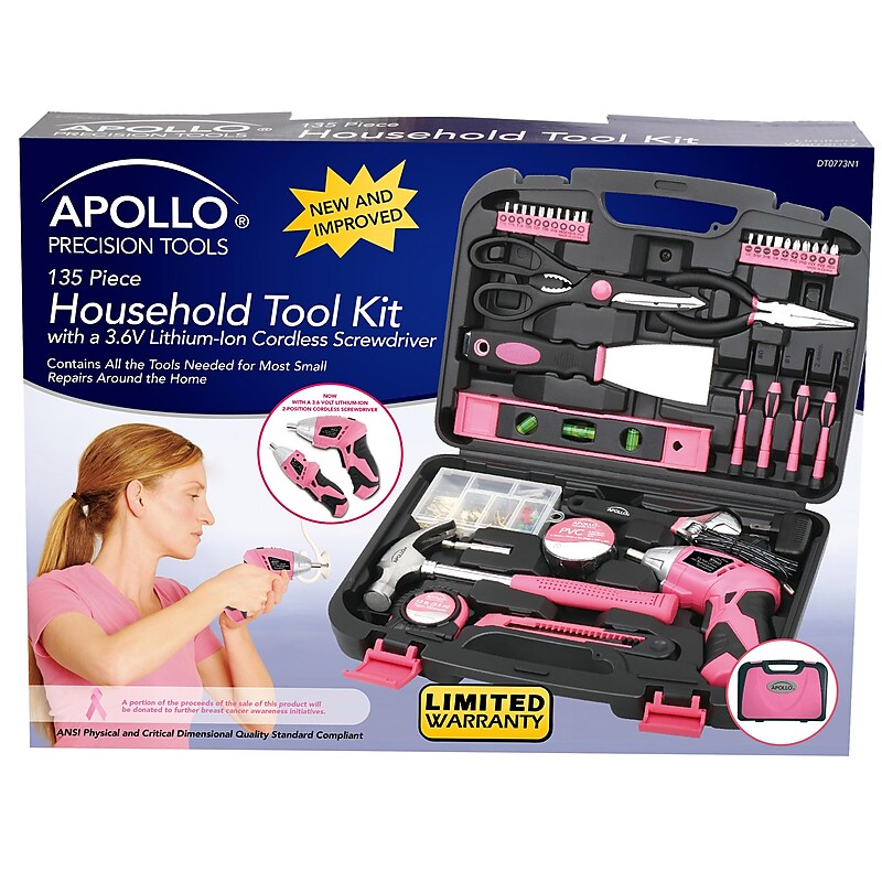 Apollo Tools Household Tool Kit Pink, 135 Pieces (DT0773N1) image 1
