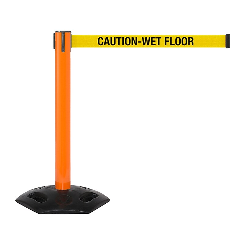 Queue Solutions WeatherMaster 300 2" Steel Crowd Control Belt Barrier, Orange/Yellow, 2/Pack (WMR300O-YBCWF160) image 1