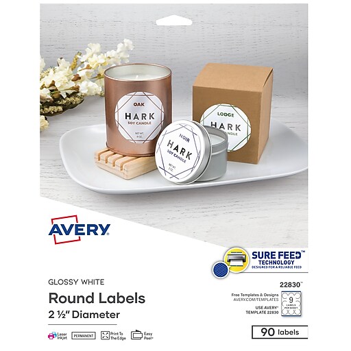 Avery 22926 Glossy White Round Labels 2 1/2 " 27 labels laser/inkjet