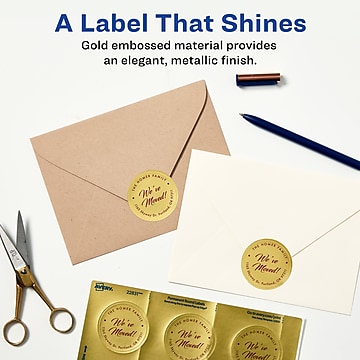 Avery Printable Embossed Foil Round Labels, 2" Diameter, Gold, 96 Customizable Labels/Pack (22831)