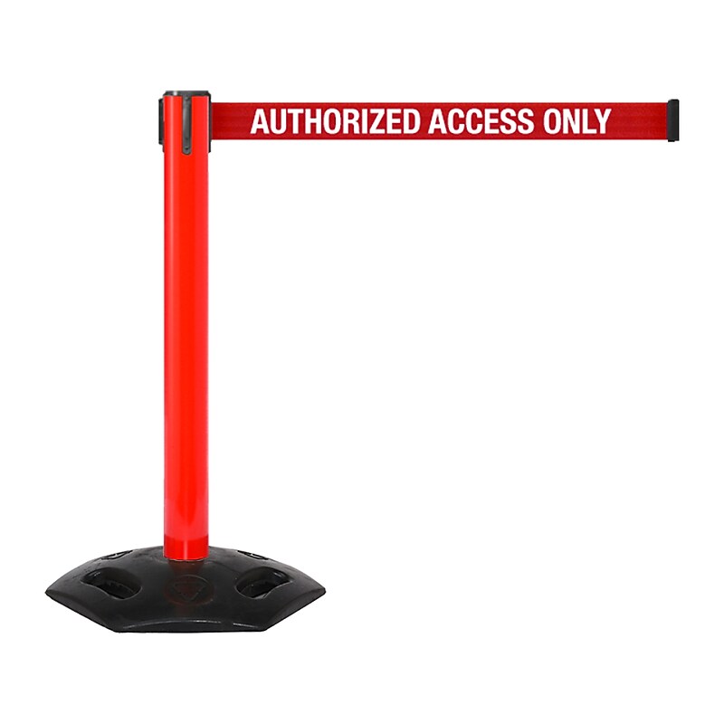 Queue Solutions WeatherMaster 300 2" Red Nylon Crowd Control Belt Barrier, Red - AUTHORIZED ACCESS ONLY (WMR300R-RWA110) image 1