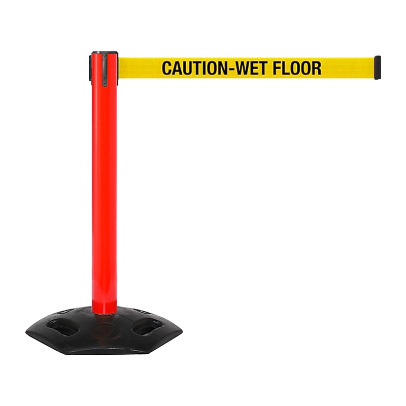 Queue Solutions WeatherMaster 300 2" Red Nylon Crowd Control Belt Barrier, Yellow - CAUTION WET FLOOR (WMR300R-YBCWF110) image 1