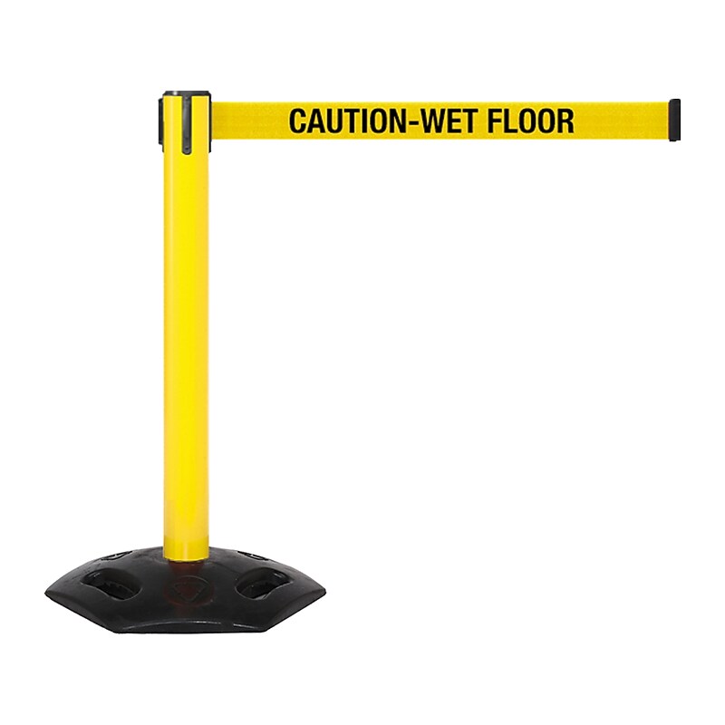 Queue Solutions WeatherMaster 300 2" Yellow Nylon Crowd Control Belt Barrier, Yellow - CAUTION WET FLOOR (WMR300Y-YBCWF110) image 1