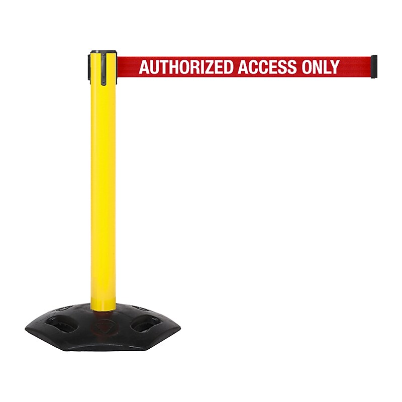 Queue Solutions WeatherMaster 300 2" Yellow Nylon Crowd Control Belt Barrier, Red - AUTHORIZED ACCESS ONLY (WMR300Y-RWA110) image 1