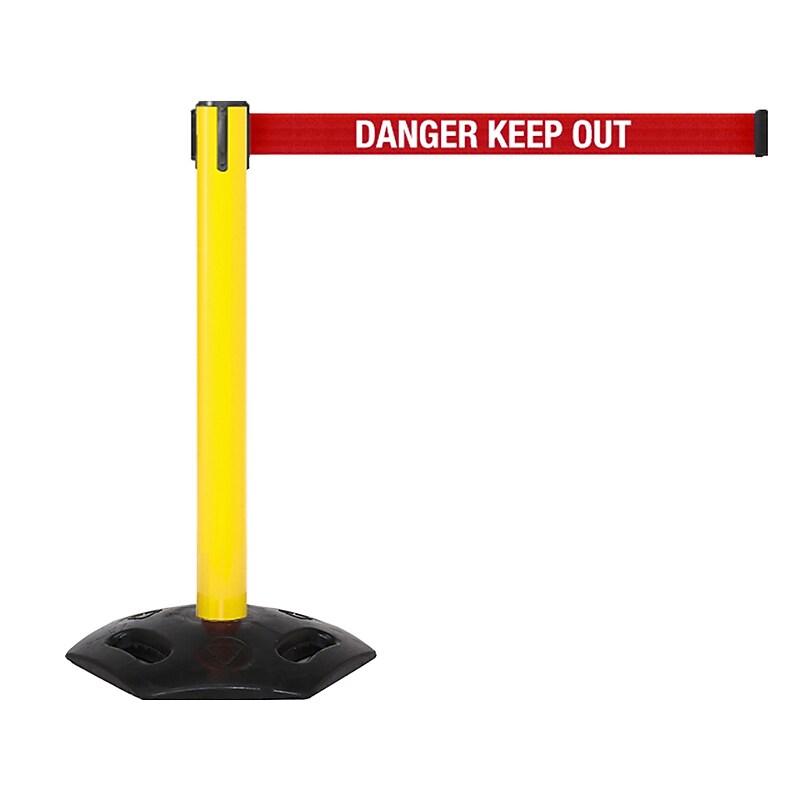 Queue Solutions WeatherMaster 300 2" Yellow Nylon Crowd Control Belt Barrier, Red - DANGER KEEP OUT (WMR300Y-RWD110) image 1