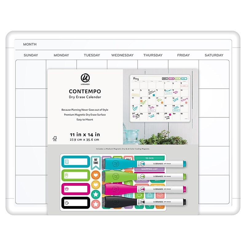 U Brands Contempo Magnetic Dry-Erase Calendar Whiteboard, White Frame, 11" x 14" (2084U00-04) image 1