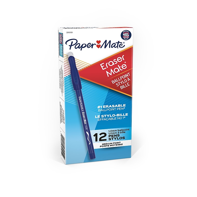 Paper Mate Eraser Mate Erasable Ballpoint Pen, Medium Point, Blue Ink, Dozen (3910158) image 1