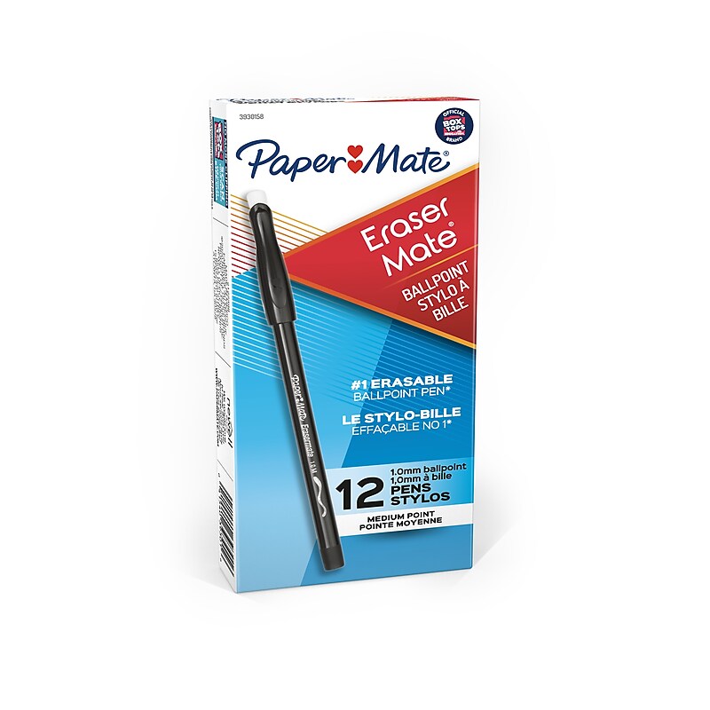 Paper Mate Eraser Mate Erasable Ballpoint Pen, Medium Point, Black Ink, Dozen (3930158) image 1