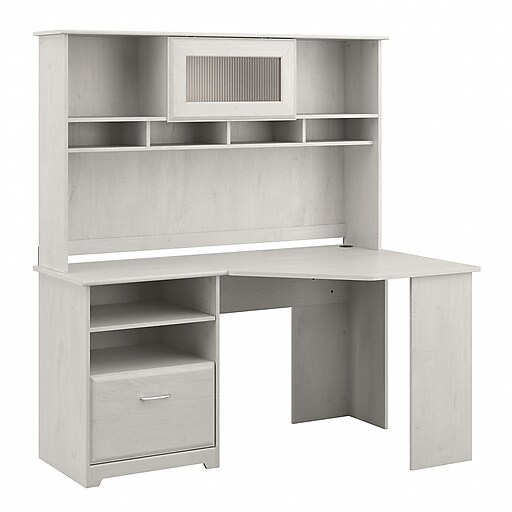 Bush Furniture Cabot 60" Corner Desk with Hutch, Linen White Oak