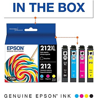 Epson T212 Black High Yield and Cyan/Magenta/Yellow Standard Yield Ink Cartridge, 4/Pack (T212XL-BCS)