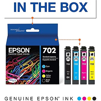 Epson T702 Black/Cyan/Magenta/Yellow Standard Yield Ink Cartridge, 4/Pack (T702120-BCS)