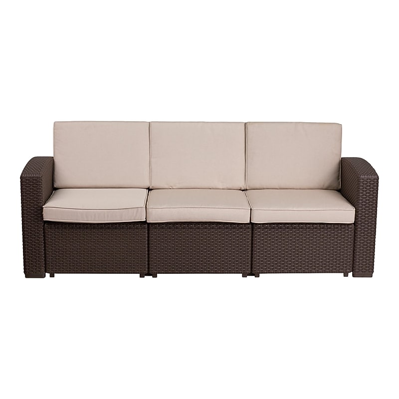 Flash Furniture Seneca Faux Rattan Sofa with All-Weather Cushions, Chocolate Brown/Beige (DADSF13) image 1