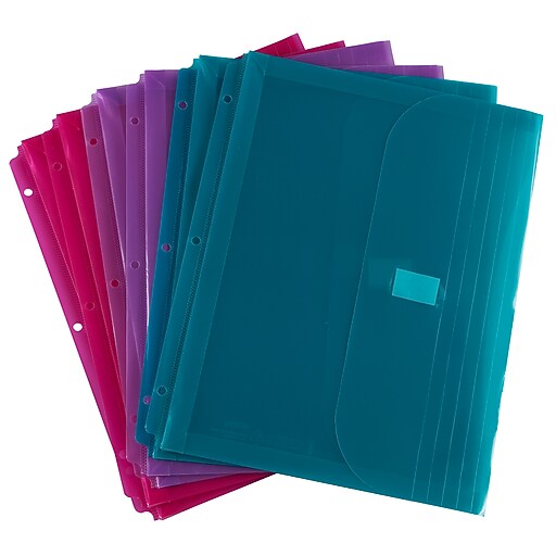 JAM Paper Plastic Binder Pockets, 3 Hole Punched, Assorted Colors, 6