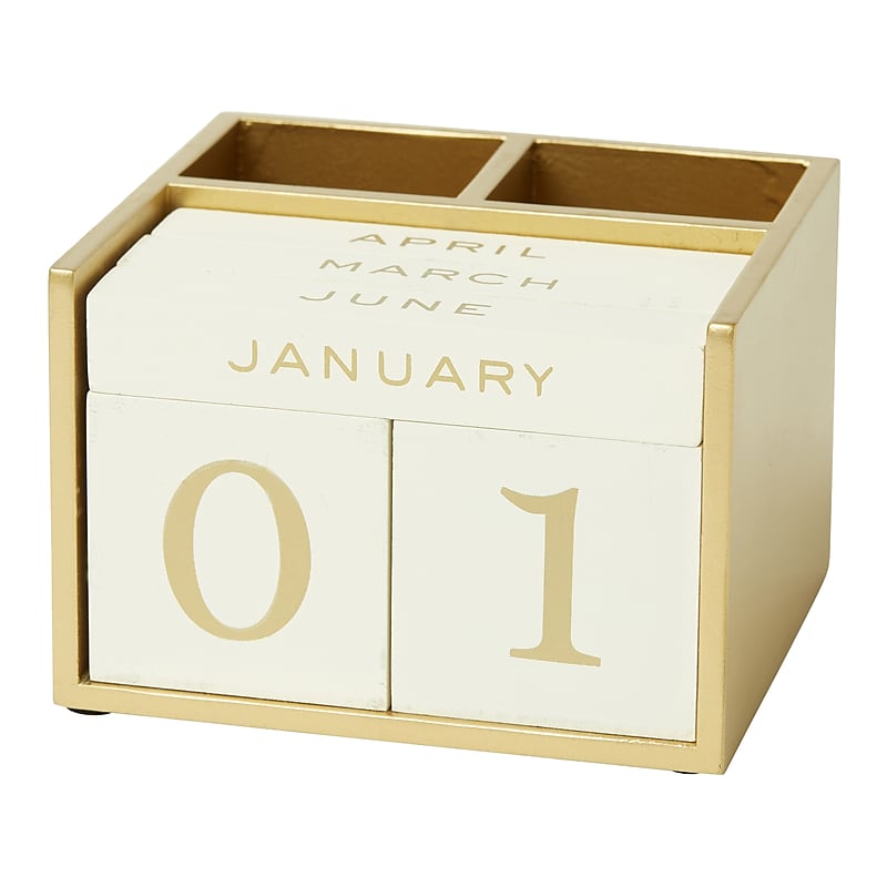 Martha Stewart 2-Compartment MDF Pencil Cup with Perpetual Calendar, Ivory/Gold (MS103J) image 1
