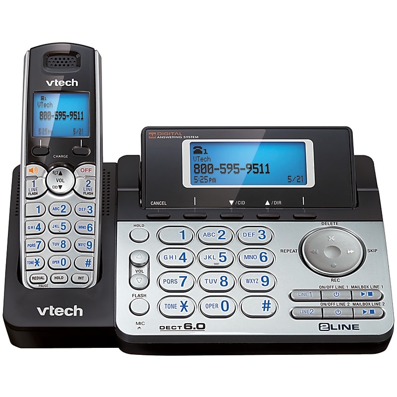 VTech 815825013780 DECT 6.0 Cordless 2-Line Phone System with Digital Answering Bundle, Silver/Black image 1