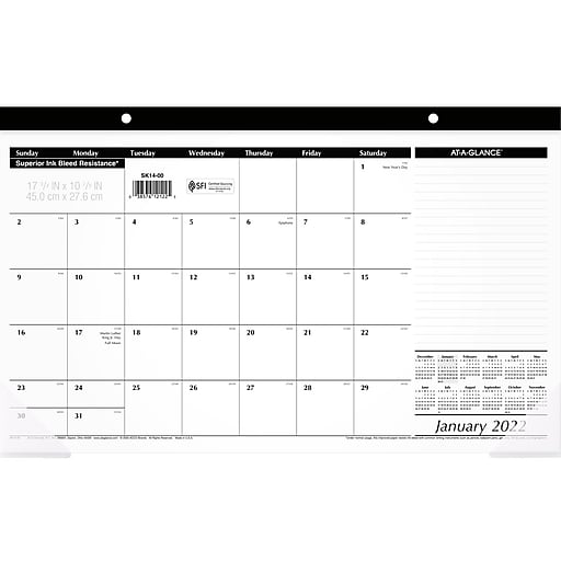 2022 At-A-Glance 11" X 17.75" Monthly Desk Pad Calendar, Black (Sk14-00-22) | Staples