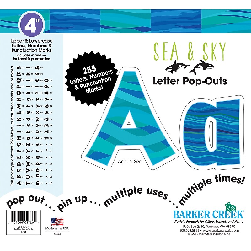 Barker Creek Sea & Sky  4" Letters and Numbers, Multicolored, 255/Pack (1726) image 1