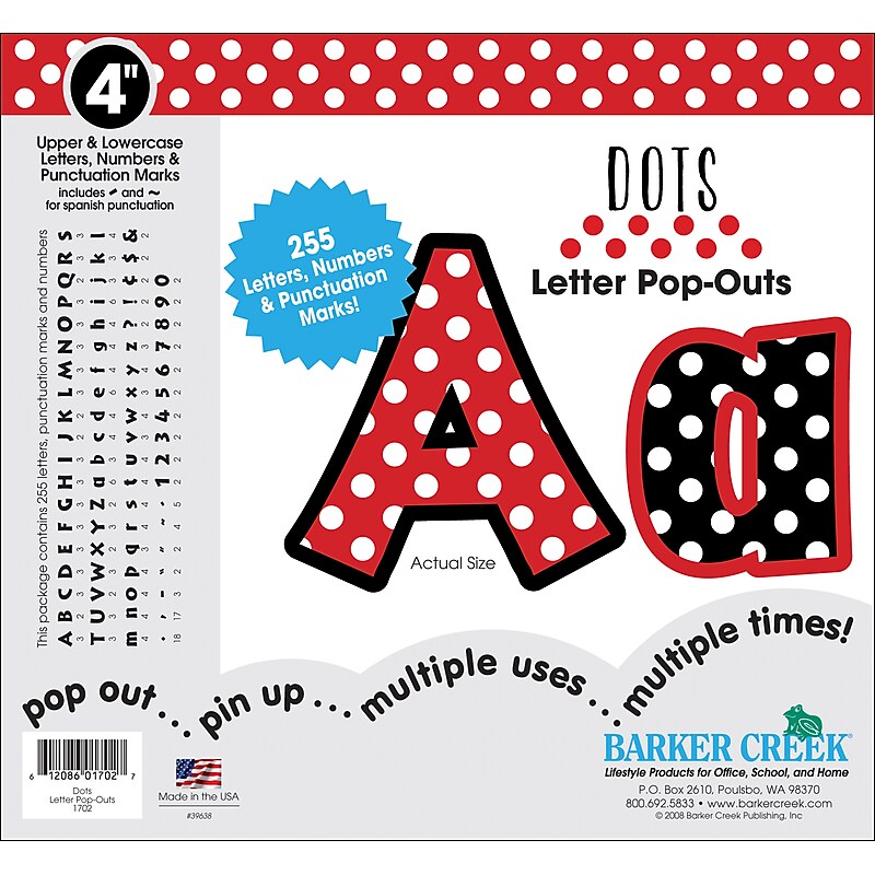 Barker Creek Dots  4" Letters and Numbers, Multicolored, 255/Pack (LL1702) image 1