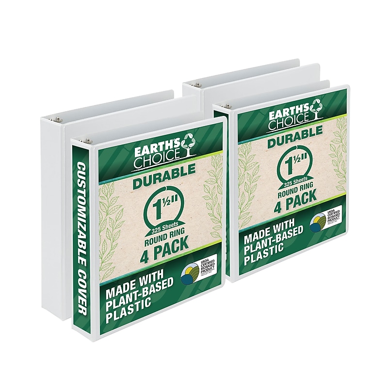 Samsill Earth's Choice Plant-Based Durable 1.5" View Binders, 3 Ring Binder, Made in USA, White, 4/Pack (I08957) image 1