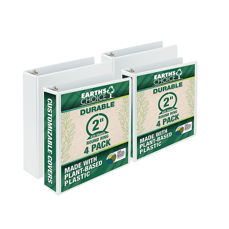 Samsill Earth's Choice Plant-Based Durable 2" View Binders, 3 Ring Binder, Made in USA, White, 4/Pack (I08967) image 1