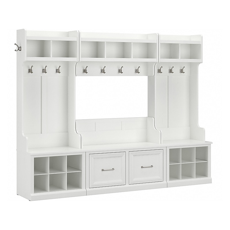 Bush Furniture Woodland Full Entryway Storage Set with Coat Rack and Shoe Bench with Doors, White Ash (WDL013WAS) image 1